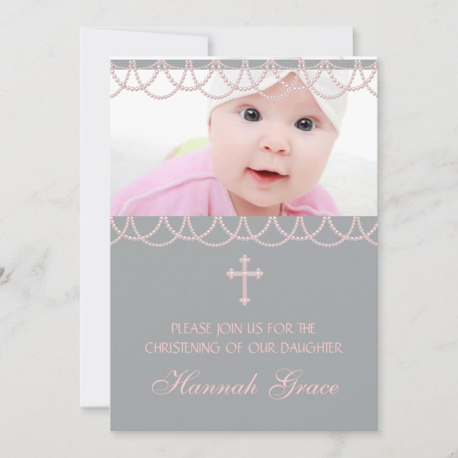Convites Cinza Rosa Pearl Cross Baby Girl Foto Christening (Frente)