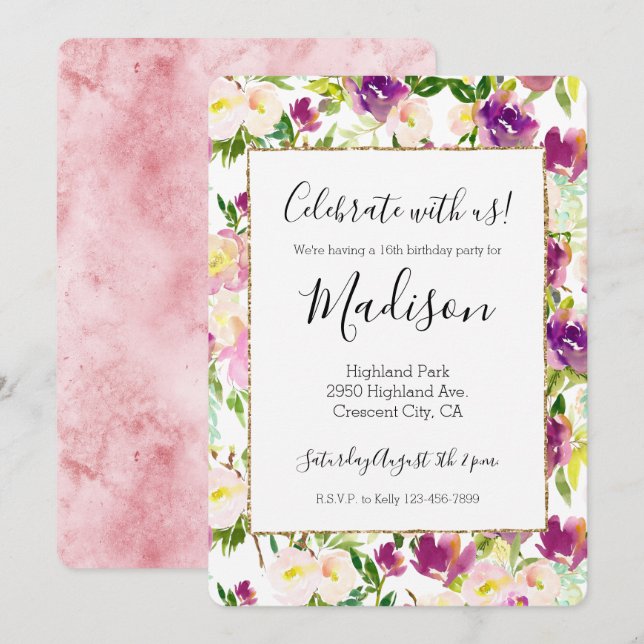 Convites Cinza Rosa Pêssego Púrpura Borgona Aquarela Floral (Frente/Verso)
