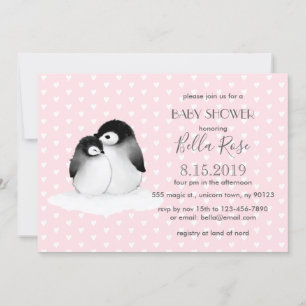Convites Cinza Rosa Pinguins Coração Chá de fraldas Conv