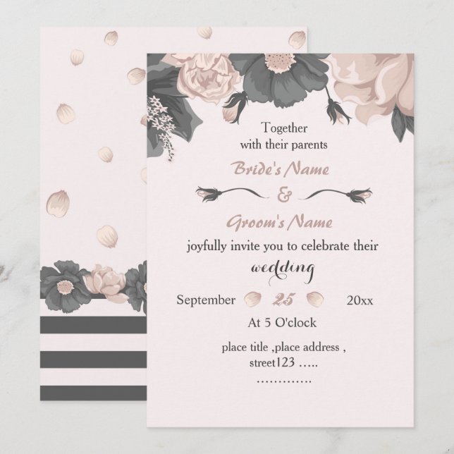 Convites cinza rosa poeirento flores maravilhosas casamento (Frente/Verso)