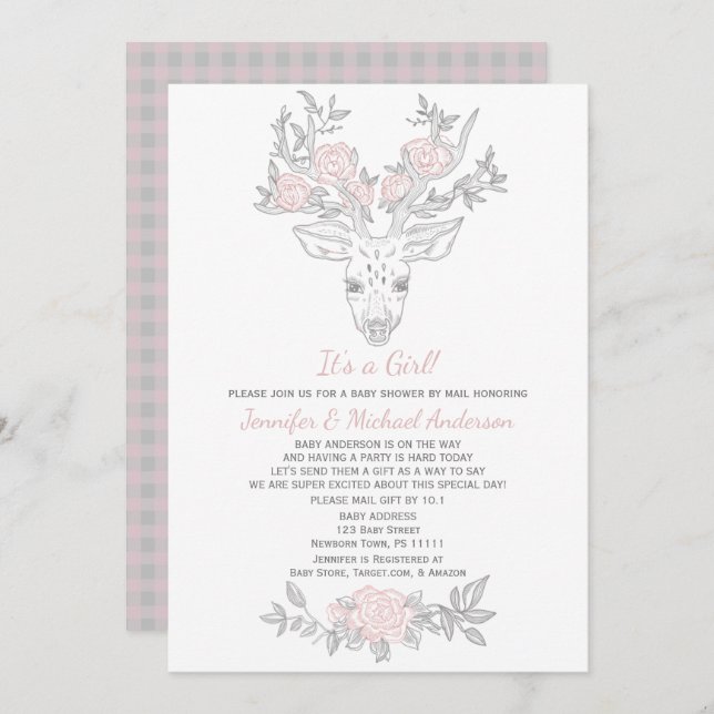 Convites Cinza Rosa, Rapariga Da Madeira, Chá de fraldas Po (Frente/Verso)