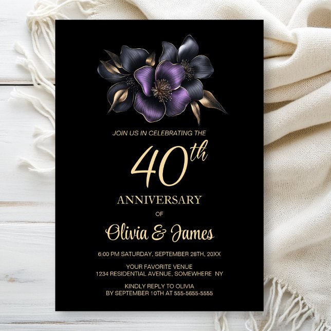 Convites Cinza Roxa Negra Floral 40º aniversário (Criador carregado)