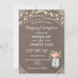 Convites Cinza Rustic Mason Jar Flower String Luzes Casamen