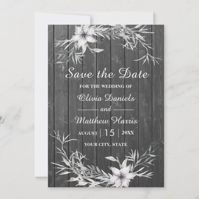 Convites Cinza rústico. Casamento celeiro de madeira Save t (Frente)