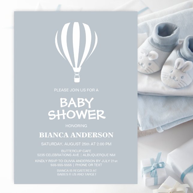 Convites Cinza simples Chá de fraldas de balão de ar quente (Criador carregado)