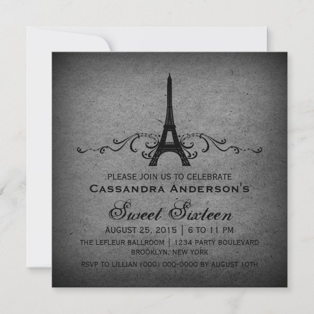 Convites Cinza Vintage Flourish French Sweet 16 Invite (Frente)