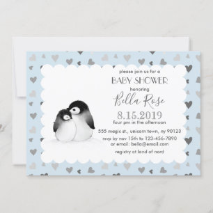 Convites Cinzas Azuis Corações Pinguins Chamadas de Bebê