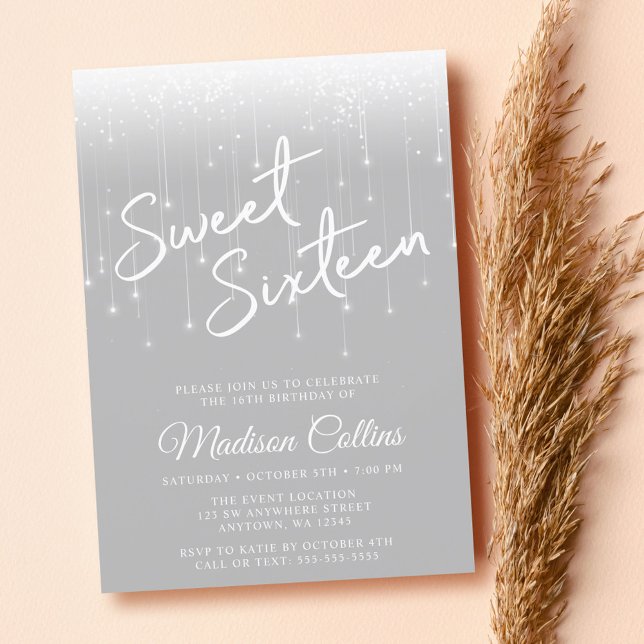 Convites Cinzas das Luzes Modernas e Sweet Branco 16 (Criador carregado)