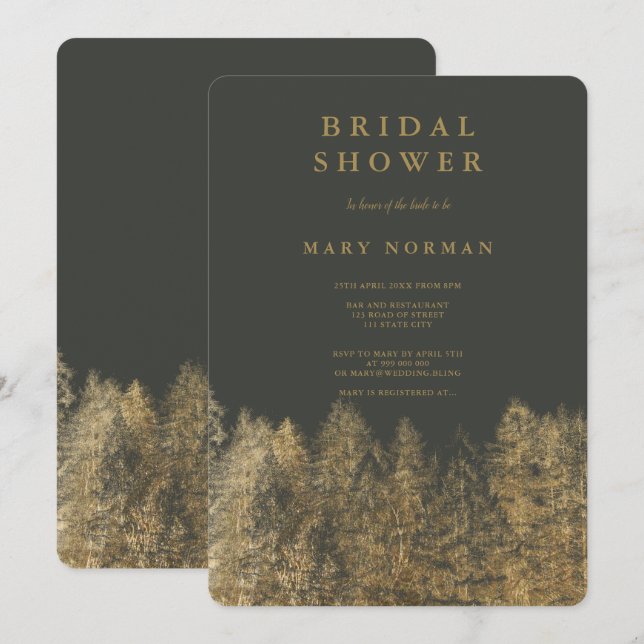 Convites cinzas de folha de ouro, pinheiros chás de panela (Frente/Verso)