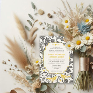 Convites Cinzas de Vintage e Casamento de Aves Amarelas com