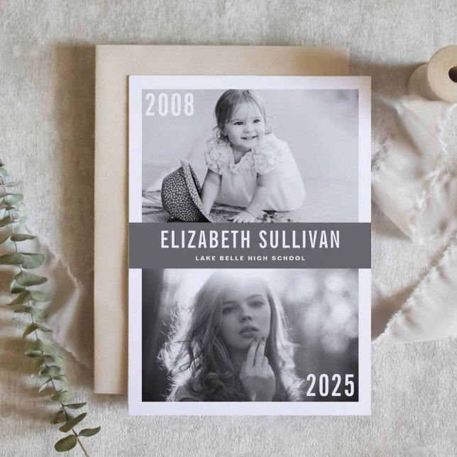 Convites Cinzas e agora graduação em colagem de fotos (Customizable then and now photo collage graduation invitation featuring modern lettering. )