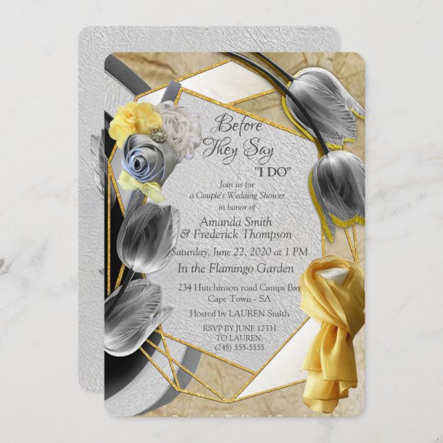 Convites Cinzas e tulipas amarelas na textura (Frente/Verso)