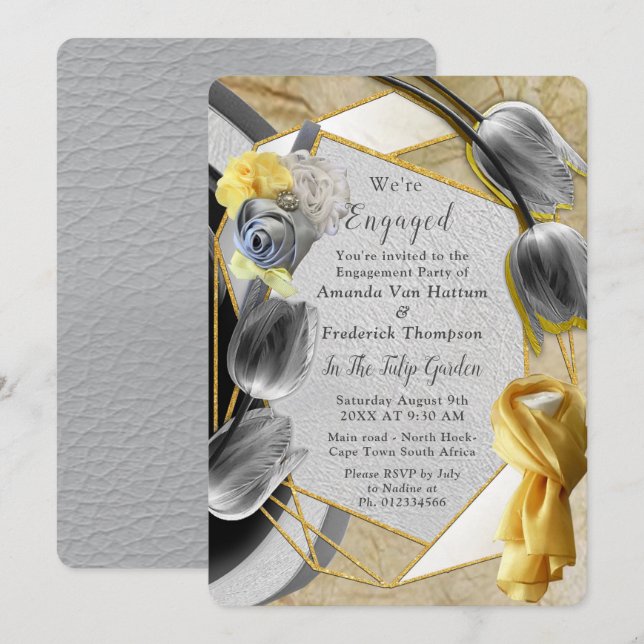 Convites Cinzas e tulipas amarelas na textura. (Frente/Verso)
