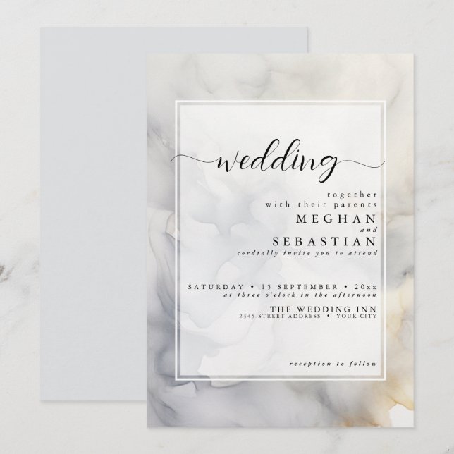 Convites Cinzas Elegantes e Nuvem Suave Dourada Pálida (Frente/Verso)