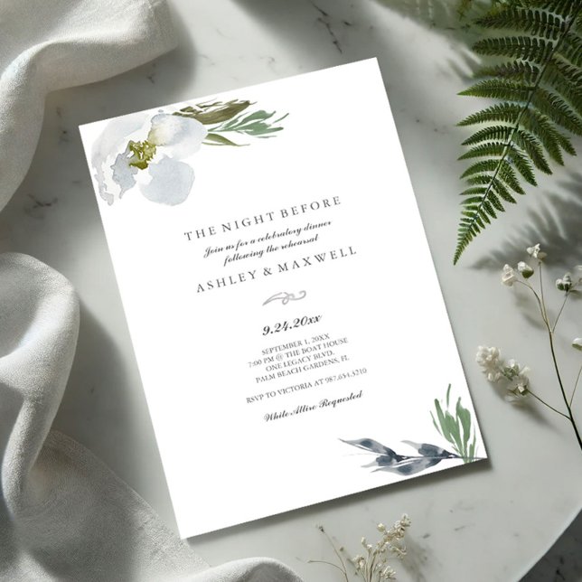 Convites Cinzas Legal, Janto de ensaio Florestas de Aquarel (Wedding rehearsal invitations for the night before dinner features watercolor flowers and greenery)