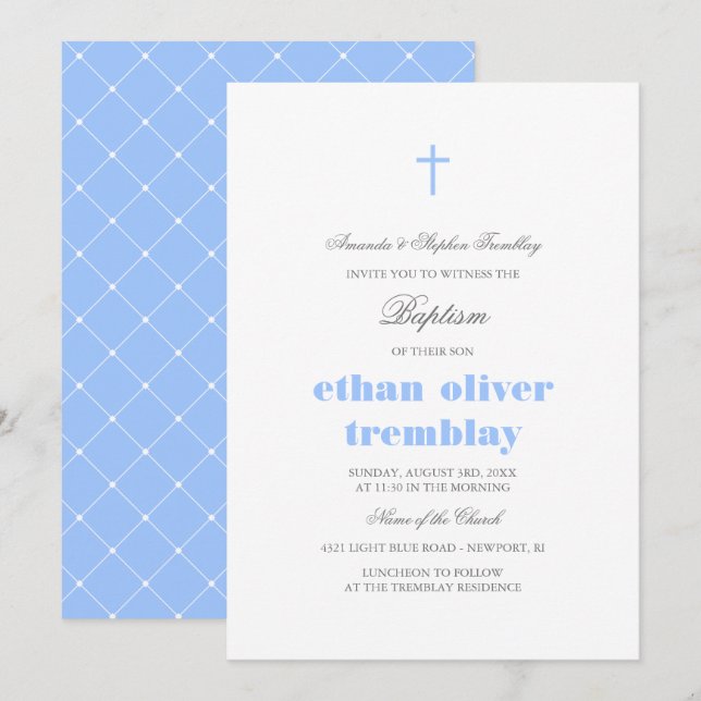 Convites Cinzas & luz elegantes - baptismo transversal azul (Frente/Verso)