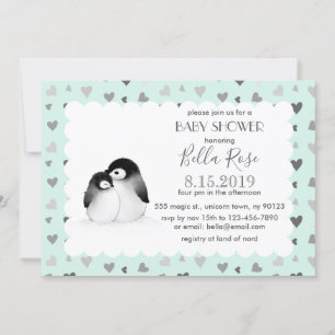 Convites Cinzas Meninas Corações Pinguins Chamas De Bebê