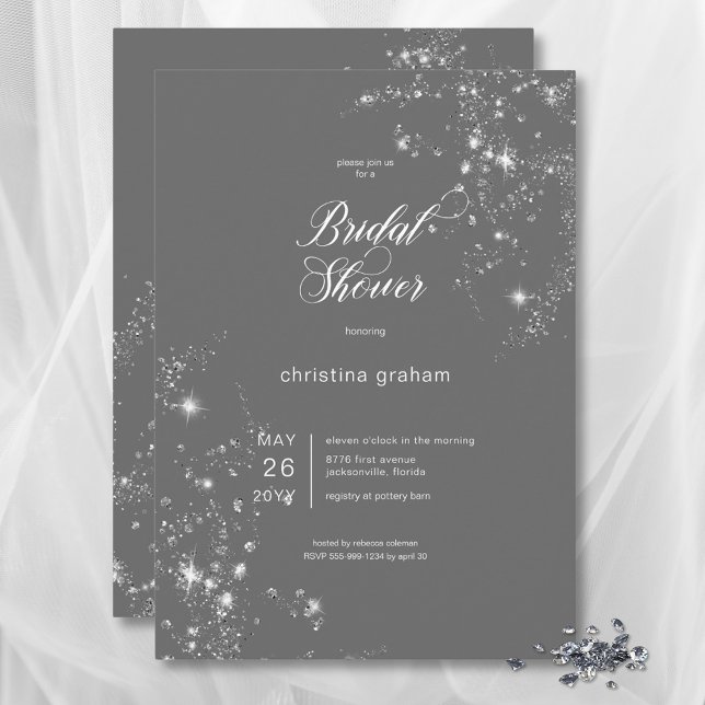 Convites Cinzas Modernas e Chá de panela de Ouros de Glam B (Modern Gray & White Glam Diamonds Bridal Shower Invitation)