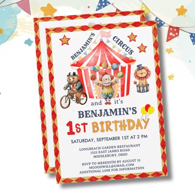 Convites Circo Big Top Carnaval Menino Aniversário de 1 ano (Criador carregado)