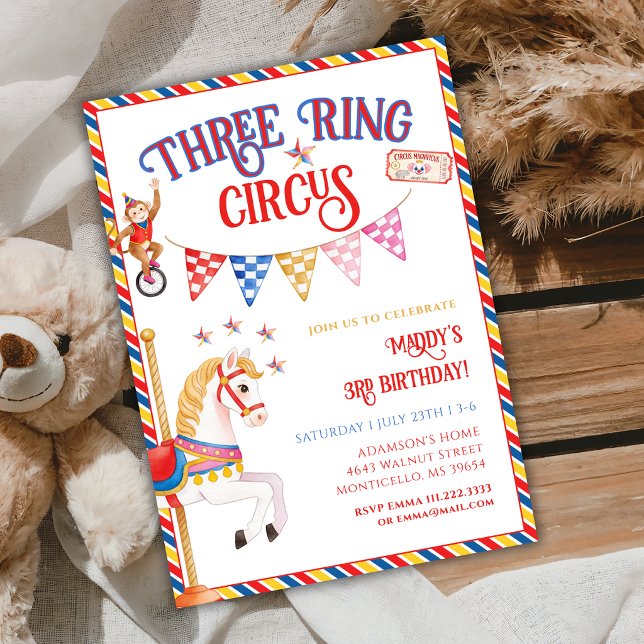 Convites Circo de Três Arcos Animais Fofos Aniversário de 3 (Criador carregado)
