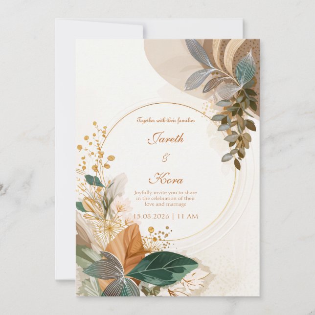 Convites Circular Gold Forest Green Botanical Wedding (Frente)