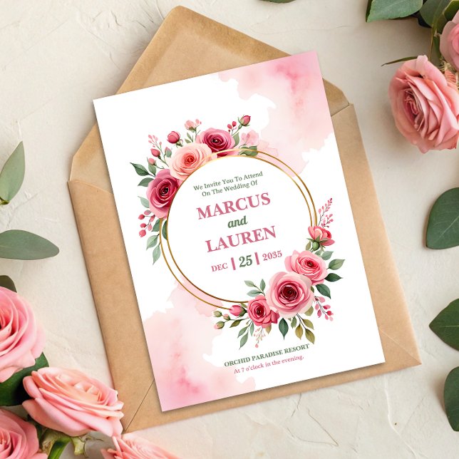 Convites Circular Rose Frame Watercolor Wedding Invitation (Criador carregado)