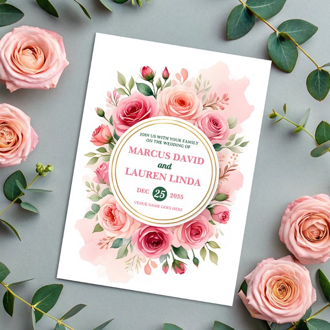 Convites Circular Rose Frame Watercolor Wedding Invitation (Criador carregado)