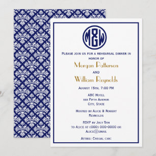 Convites Círculo branco do Marinho Monograma Fonte DIY BG