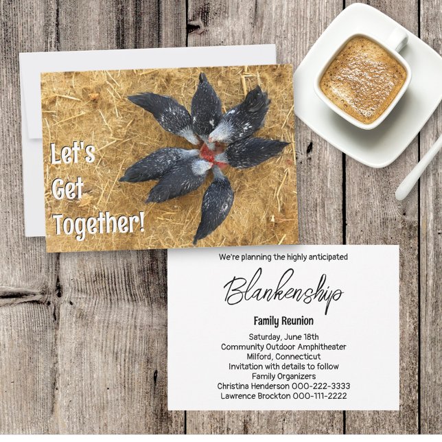 Convites Círculo de Galinhas Pretas e Brancas Comendo Melan (invitation front with envelope and invitation back with details)