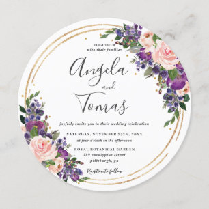 Convites Círculo Dourado de Lusura Floral Roxa de Blush