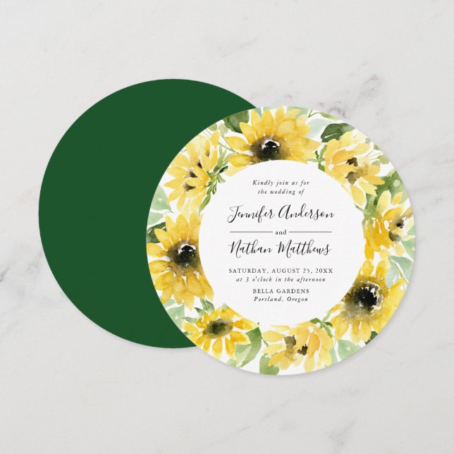 Convites Círculo Floral de Girassóis em Aquarela | Casament (Frente/Verso)