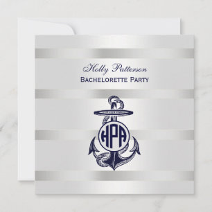 Convites Círculo Marinho Branco de Prata Anchor Azul Monog
