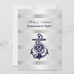 Convites Círculo Marinho Branco de Prata Anchor Azul Monog