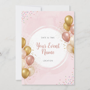 Convites Círculo Pintado com Balão Dourado em Aquarela Rosa