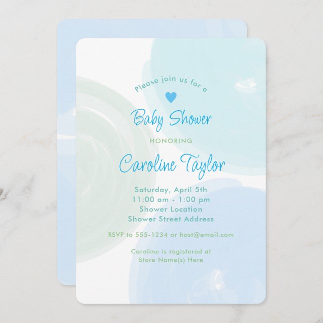 Convites Círculos de Aquarela Chá de fraldas Verde Azul (Frente/Verso)