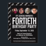Convites Círculos de fotografias brancas aniversário de 40<br><div class="desc">Convite para aniversário de 40 anos de modelo de foto simples, preto e branco, preto e branco, sem caráter visual. Personalize este convite de aniversário milestone com seus próprios detalhes de evento de festa de aniversário, e quatro fotos diferentes, uma de cada década do seu aniversariante ou garota nos círculos...</div>