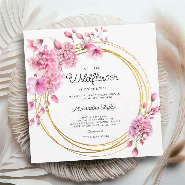 Convites Círculos Dourados de Flores Selvagens Chá de Menin (little wildflower baby girl shower invitation cottage garden watercolor pink gold circles boho chic )