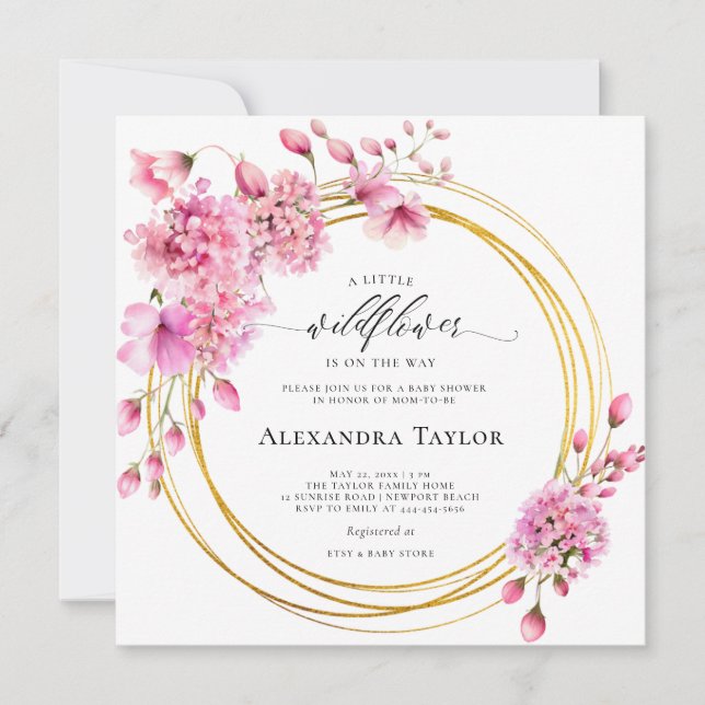 Convites Círculos Dourados de Flores Selvagens, Chá Rosa, B (Frente)