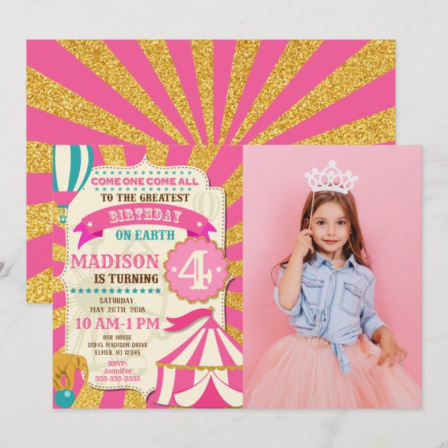 Convites Circus Birthday Invitation Carnival Pink Gold  (Frente/Verso)