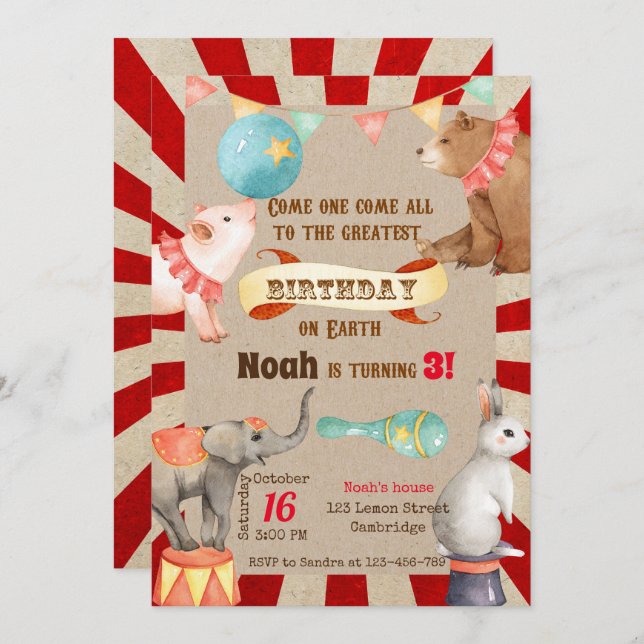 Convites Circus Birthday Invitation, Circus Invitation (Frente/Verso)