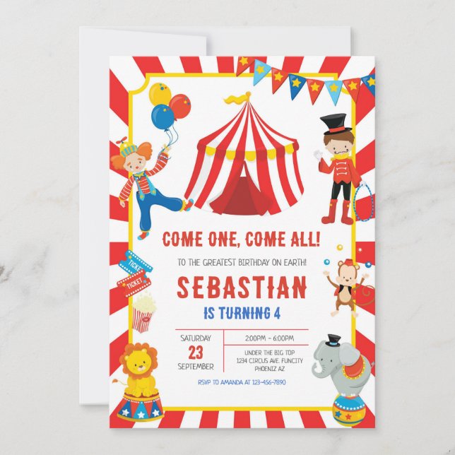 Convites Circus Carnival Birthday Invitation (Frente)