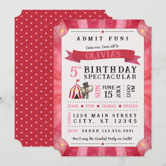 Convites Circus Spectacular Birthday Invitation (Pink/Red) (Frente/Verso)