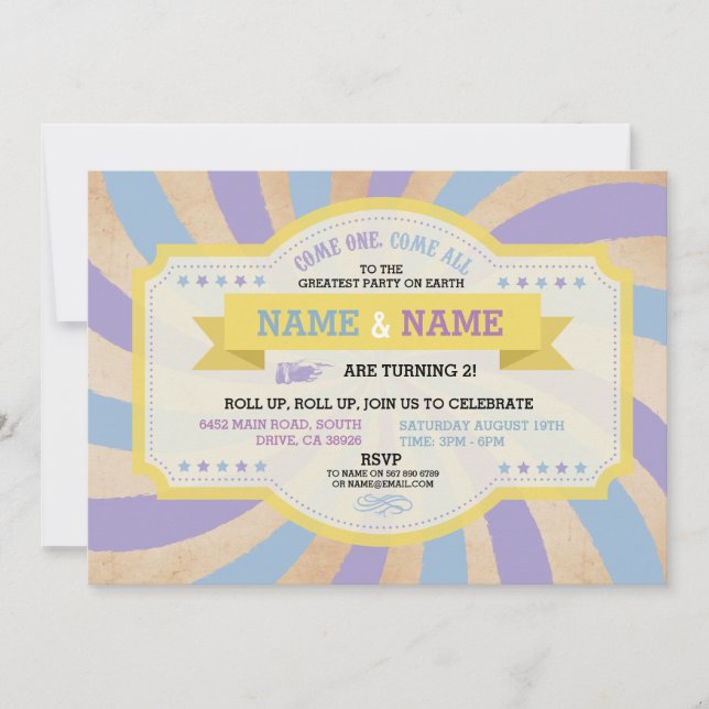 Convites Circus Twins Festa de aniversário Blue Carnival Co (Frente)