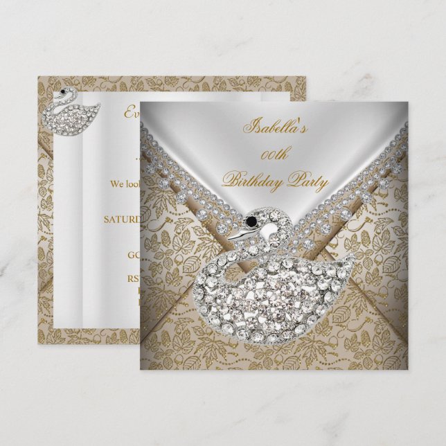 Convites Cisne Bege Dourado Damasko Branco Elegante Anivers (Frente/Verso)