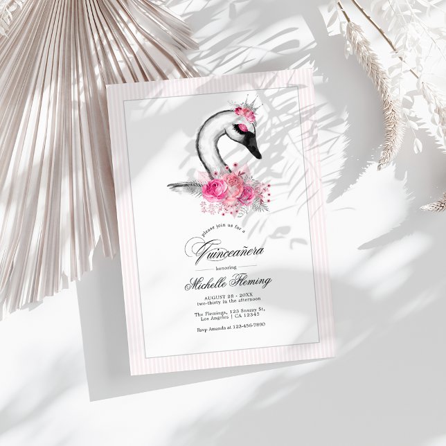 Convites Cisne Branco Floral Rosa Fotografia Quinceañera (White Swan Pink Floral Quinceañera Photo Invitation)
