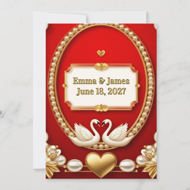 Convites ✨ Cisne Branco Romântico Casamento Vermelho Dourad (Frente)