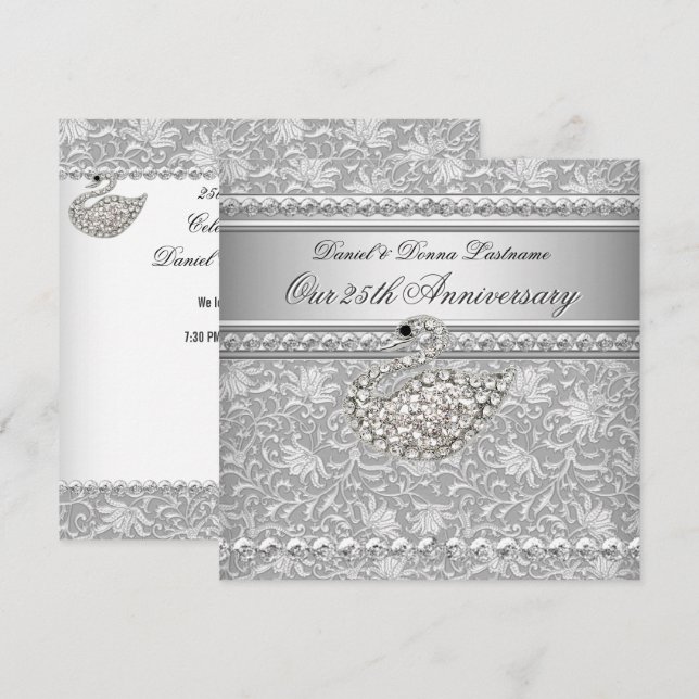 Convites Cisne de Prata Damask de Aniversário de 25 Anos El (Frente/Verso)