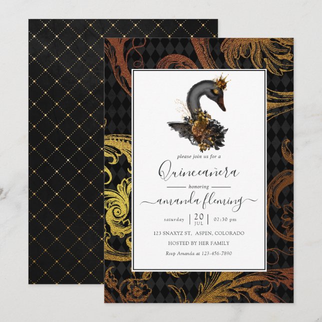 Convites Cisne Negro Quinceañera (Frente/Verso)