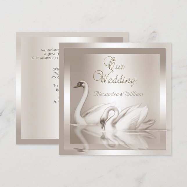 Convites Cisnes de Noiva Elegantes Damask Creme Branco (Frente/Verso)