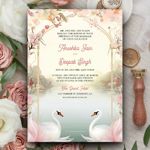 Convites Cisnes Românticos Rosa Suave Floral Casamento Indi